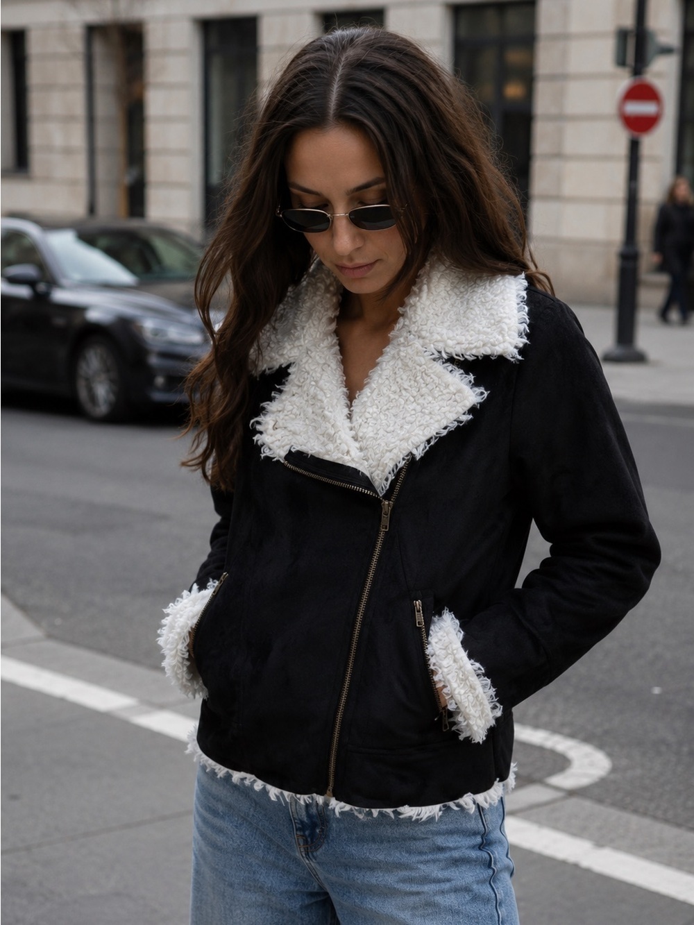 CAGE Black Faux Suede Sherpa Moto Jacket Medium Asymmetrical Zip Biker Coat